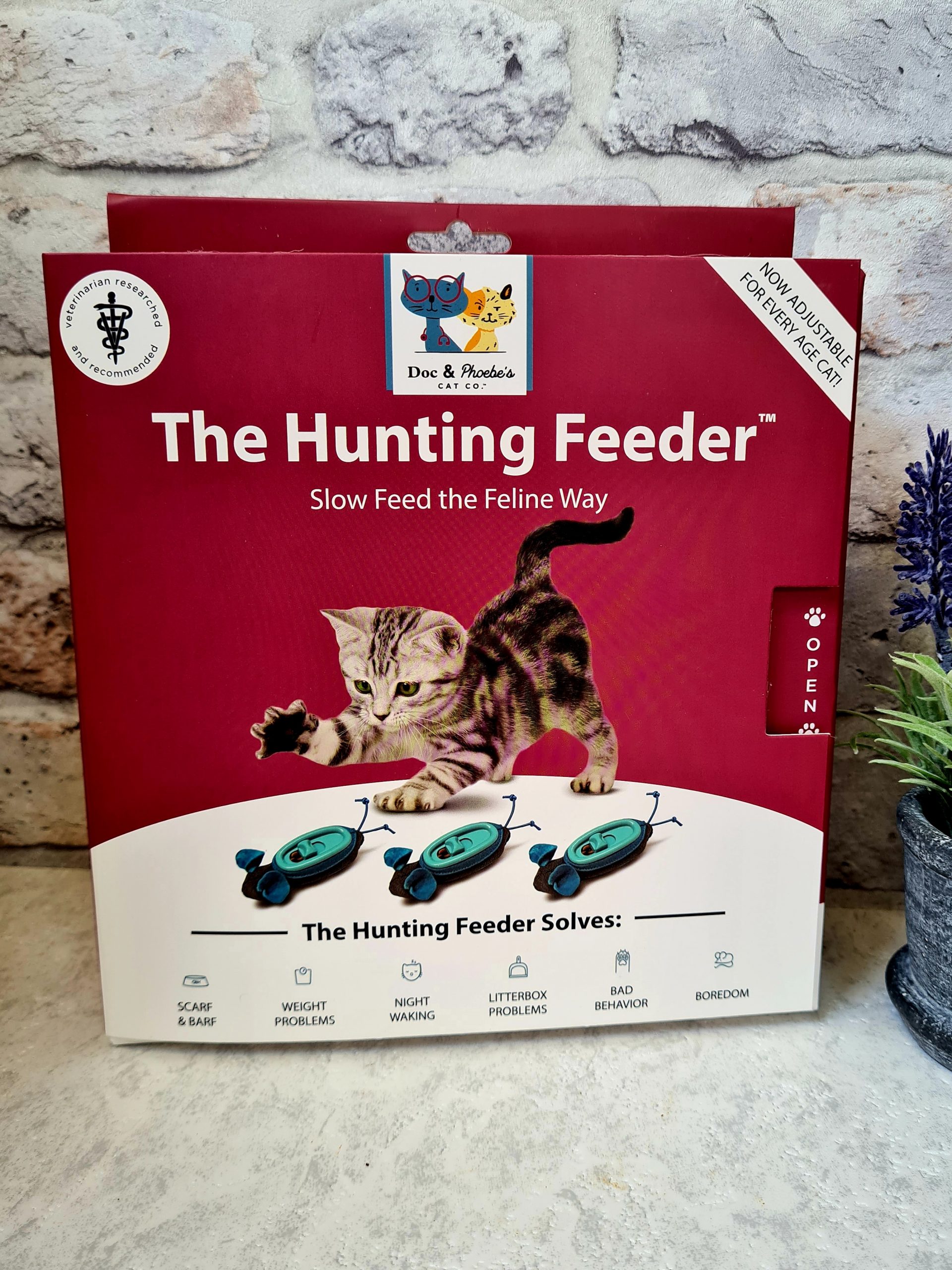 Doc and Phoebe's Hunting Feeder, cat enrichment, cat puzzle feeder, cat slow feeder, cat feeding toy, cat enrichment ideas, The Hunting Feeder